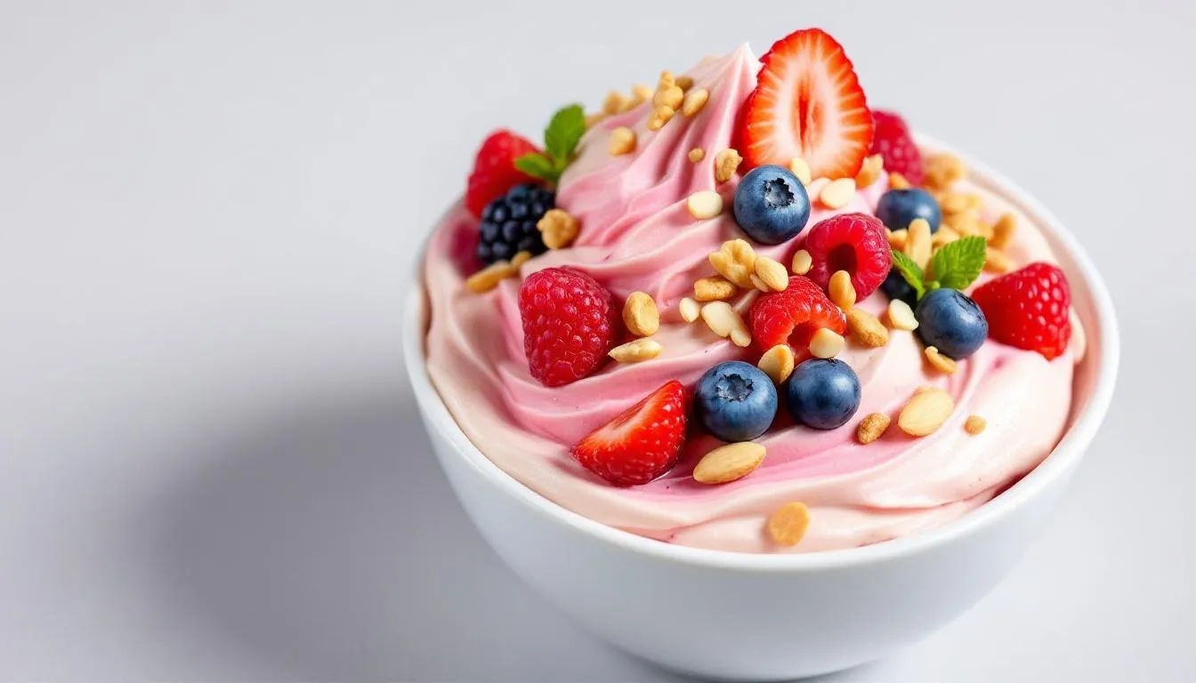 A vibrant bowl of creamy protein yogurt ice cream features a soft serve consistency, topped with fresh berries like blueberries and raspberries, along with crunchy almonds. This delicious dessert, made with high protein frozen yogurt and flavored with vanilla extract, is perfect for satisfying your sweet tooth on hot summer days.