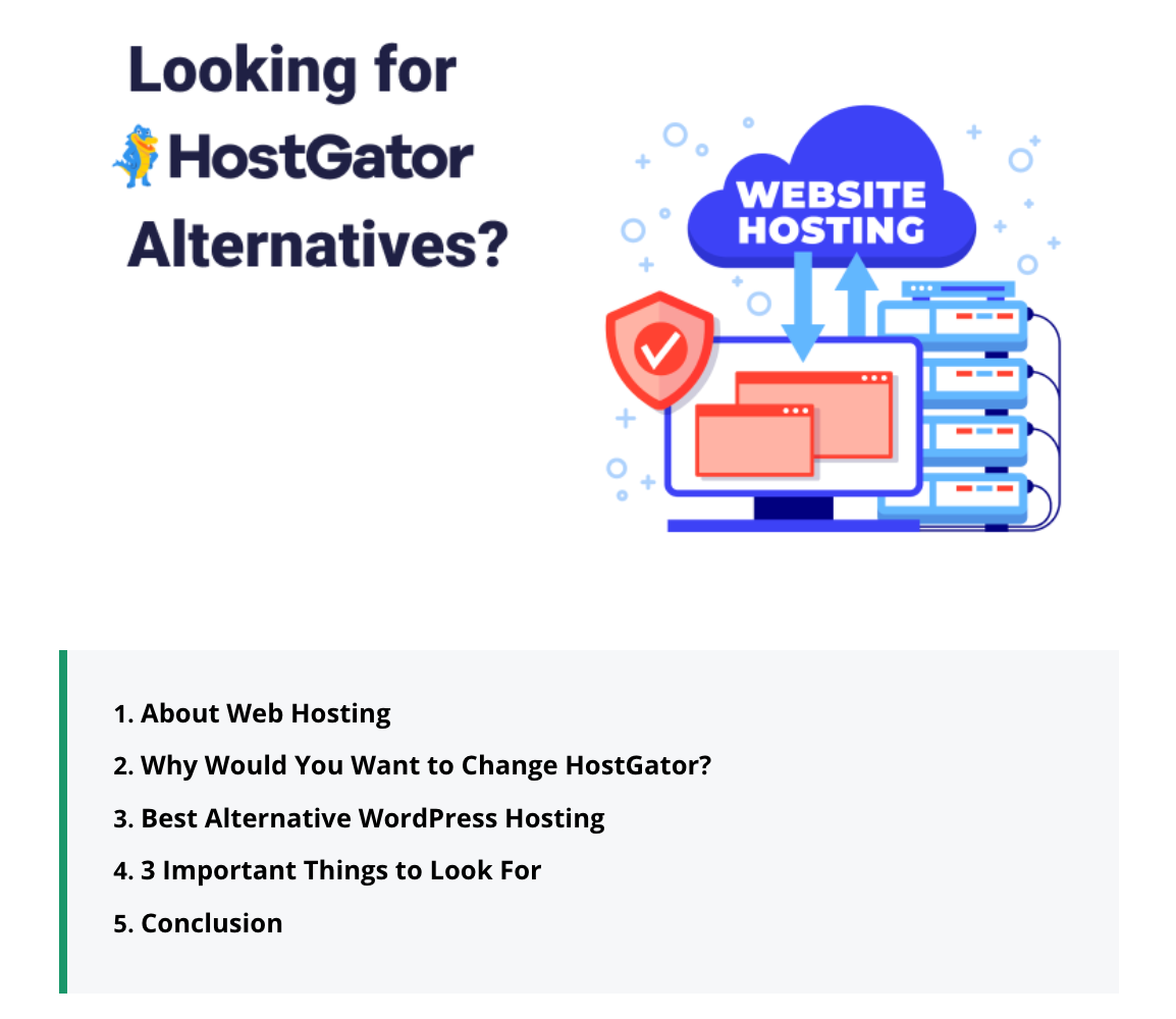 Table of contents of our blog post about HostGator alternatives.