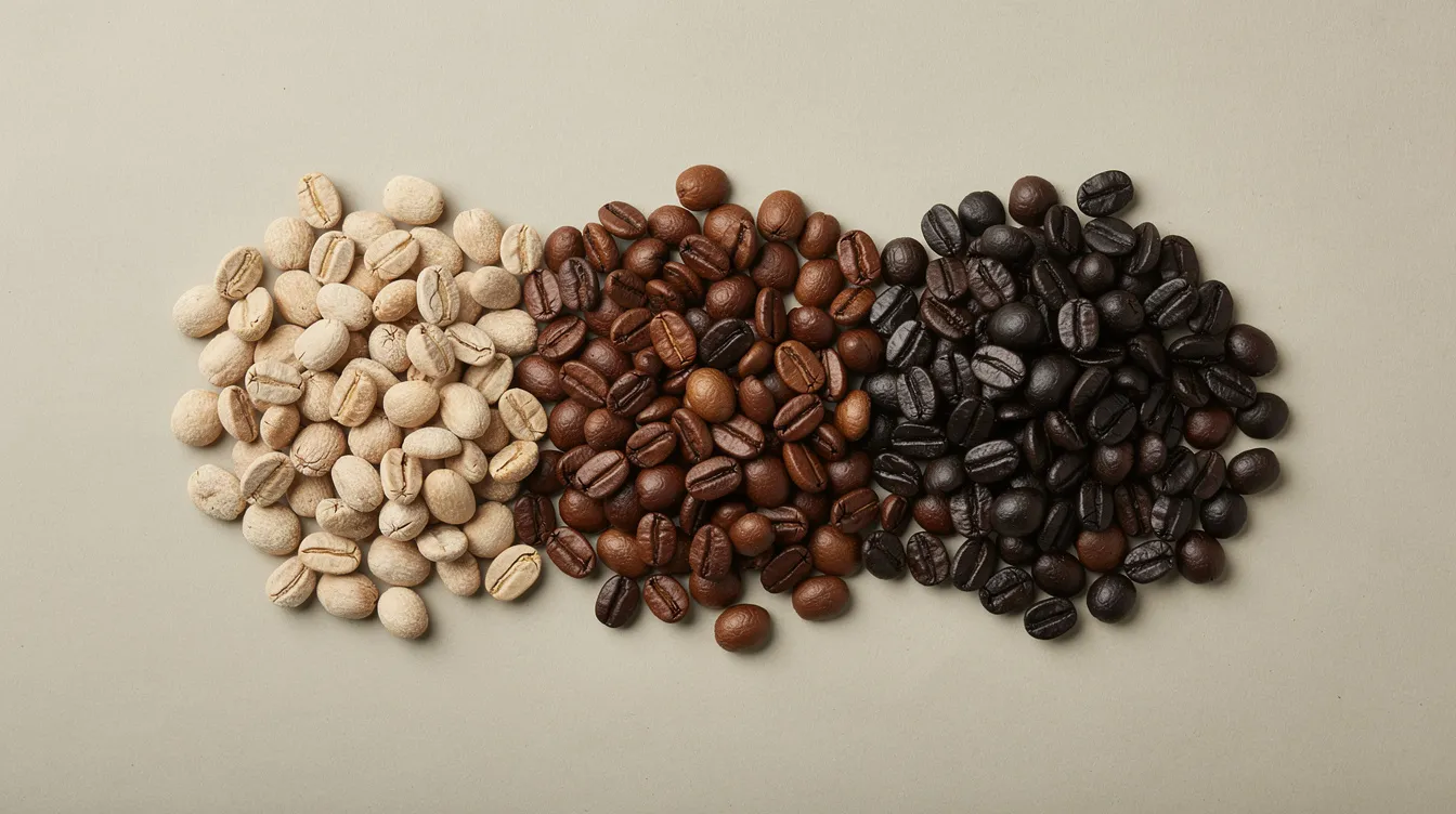 Das Bild zeigt verschiedene Kaffeebohnen in unterschiedlichen Röstgraden, von hell bis dunkel, die auf einem Holzbrett angeordnet sind. Diese Vielfalt an Kaffeesorten verdeutlicht die unterschiedlichen Geschmäcker und Aromen, die beim Kaffeegenuss entstehen können, während viele Menschen bei Kaffeekonsum auch auf mögliche Unverträglichkeiten achten müssen.