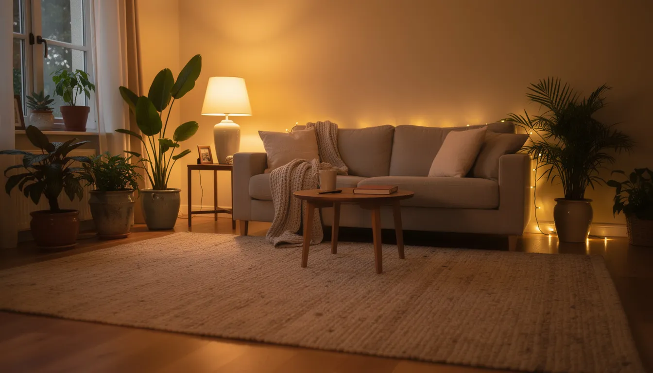 Een warme en gezellige studentenkamer met een vloerkleed, planten en sfeerverlichting in de avond. De inrichting maakt slim gebruik van de ruimte en biedt een fijne plek om te studeren en te ontspannen.