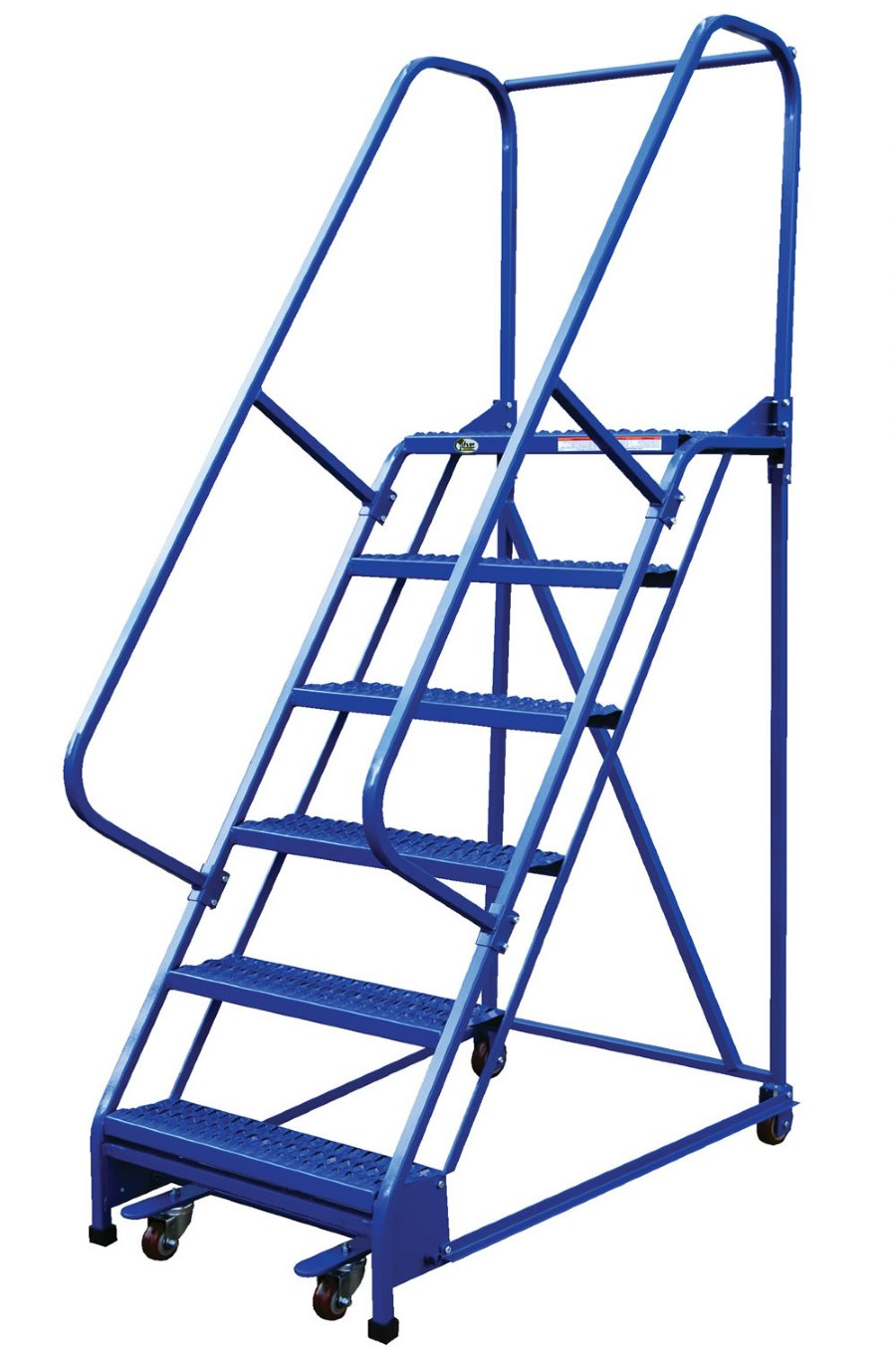 Warehouse ladder with handrails and safety rails