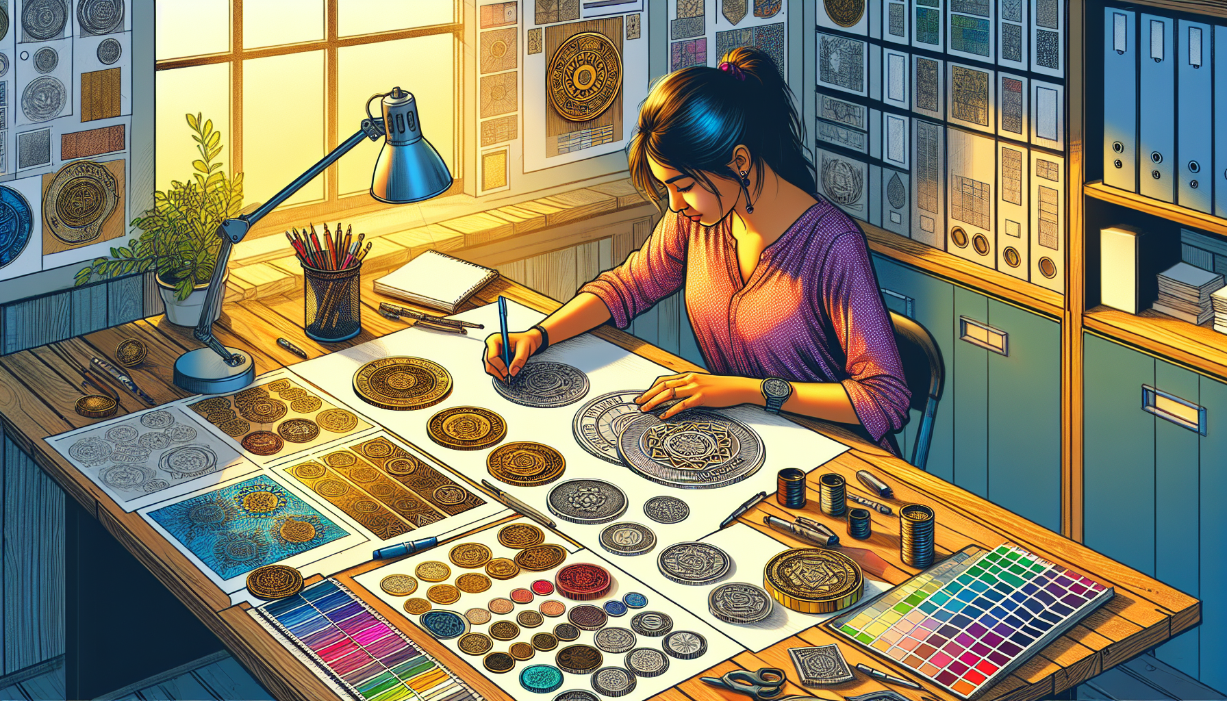 An illustration of a designer working on custom challenge coin designs.