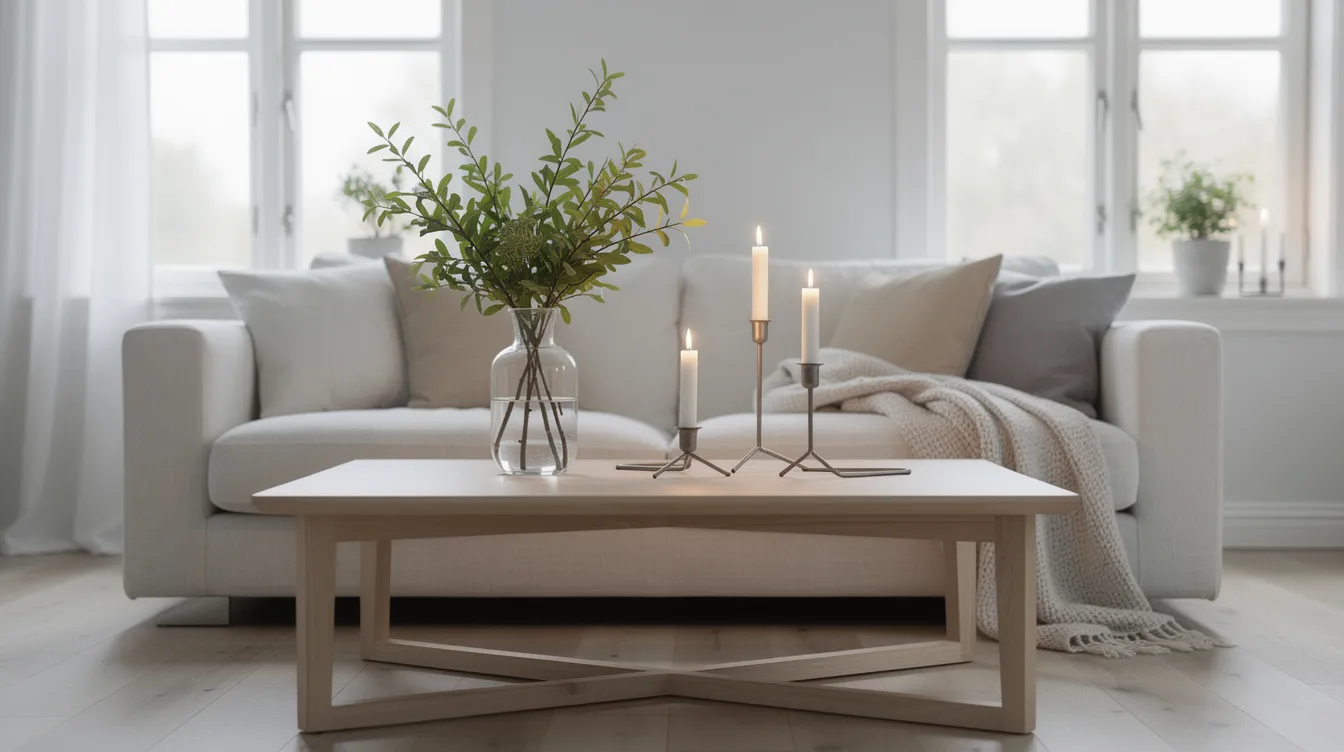 Ett skandinaviskt vardagsrum med ljusa textilier och inredningsdetaljer som levande ljus i eleganta ljusstakar, samt en vas med gröna kvistar på ett ljust träsoffbord. Rummet utstrålar en unik och stilren atmosfär, perfekt för att skapa en hemtrevlig känsla.