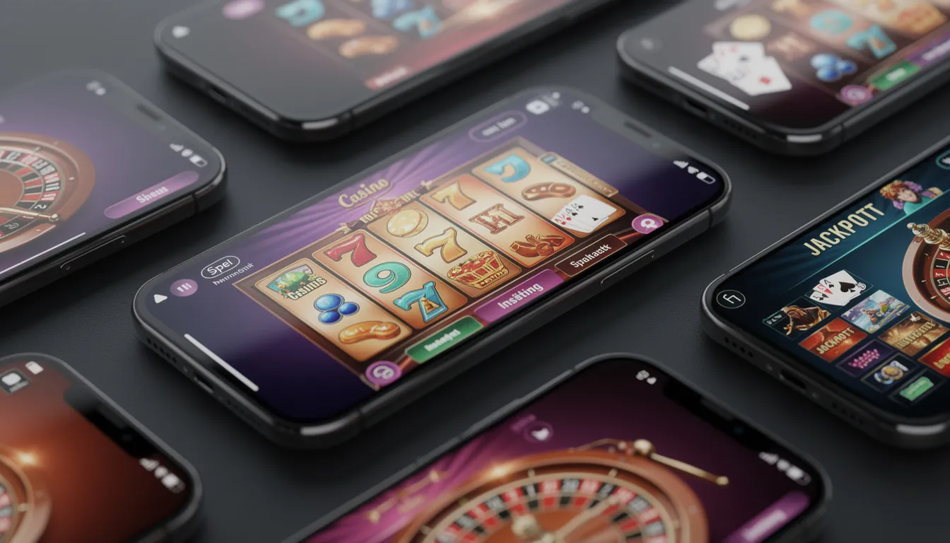 Närbild av moderna smartphones som visar ett casinogränssnitt, där användare kan spela casino i mobilen med olika spelalternativ. Gränssnittet inkluderar funktioner för insättningar och uttag, samt erbjudanden som 100 free spins.