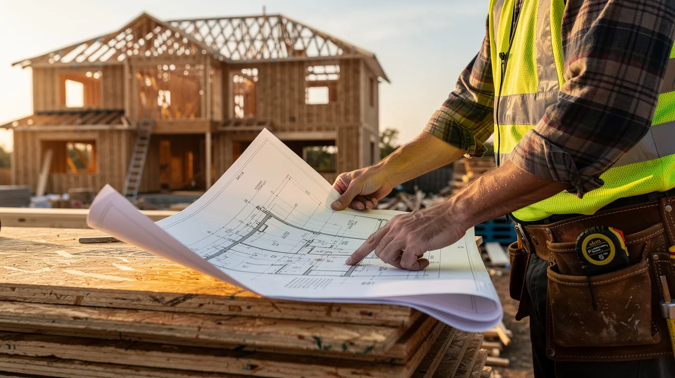 A contractor is closely examining blueprints at a construction site, with a partially framed house visible in the background. This scene highlights the importance of detailed project plans in managing construction costs and navigating the financing process, including options like hard money construction loans for real estate investors.