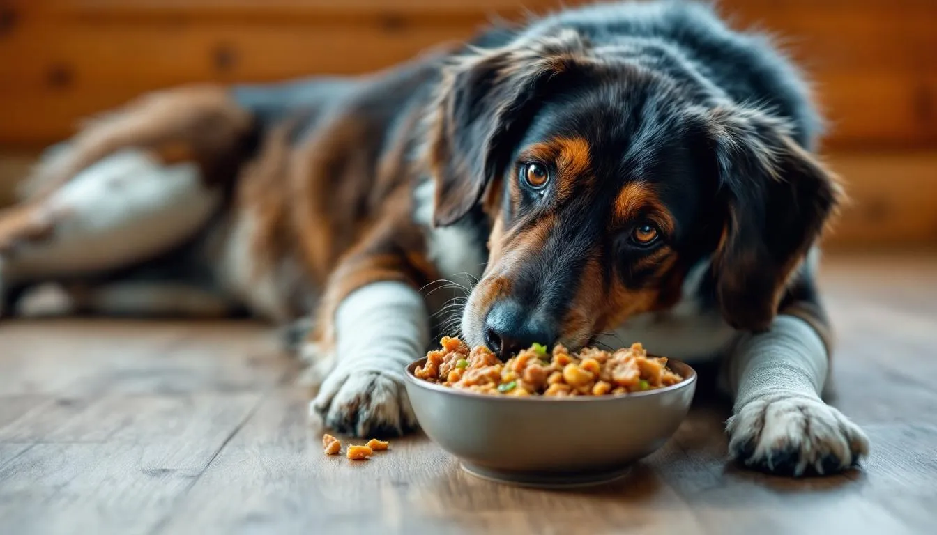 A dog is eating soft food from a bowl during its recovery period, showing signs of difficulty eating due to potential dental problems like an overbite or misaligned teeth. The dog's upper and lower jaws are visible, and it appears to be managing its meal carefully to avoid discomfort.