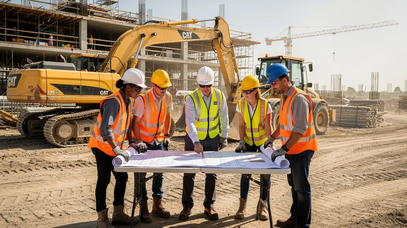 A construction team is gathered around a set of blueprints next to heavy equipment, discussing project details and plans. This scene highlights the importance of collaboration in the construction industry for successful project management and efficient operations.