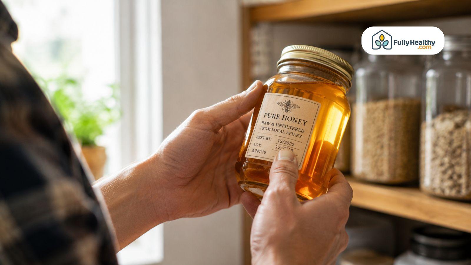 Person checking raw honey expiration date beside pantry storage containers