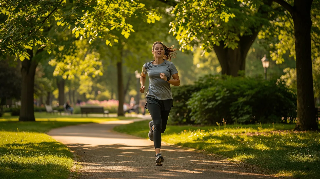 A person jogs through a sunlit park, surrounded by vibrant green trees, enjoying the fresh air and exercise. This scene captures a healthy lifestyle, which contrasts with concerns about drug tests, such as THC metabolites and how long delta 9 THC can remain detectable in the body.