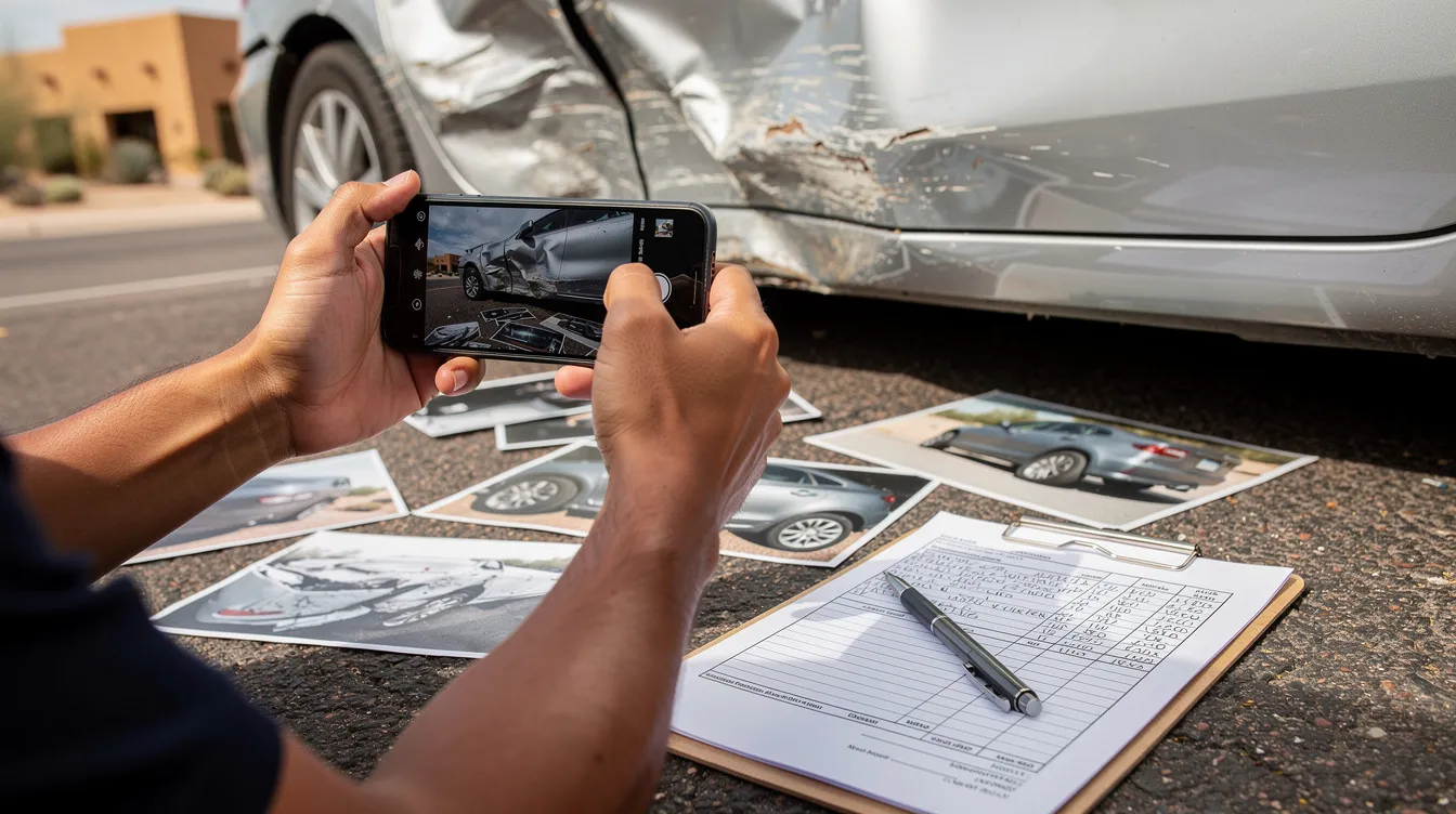 A close-up image captures a person's hands holding a smartphone to document vehicle damage on a crashed sedan, revealing visible dents and scratches. Surrounding the scene are printed accident photos, a clipboard with notes, and a car repair estimate, all set against a sunny Phoenix street, emphasizing the importance of collecting evidence for car accident claims and legal processes.