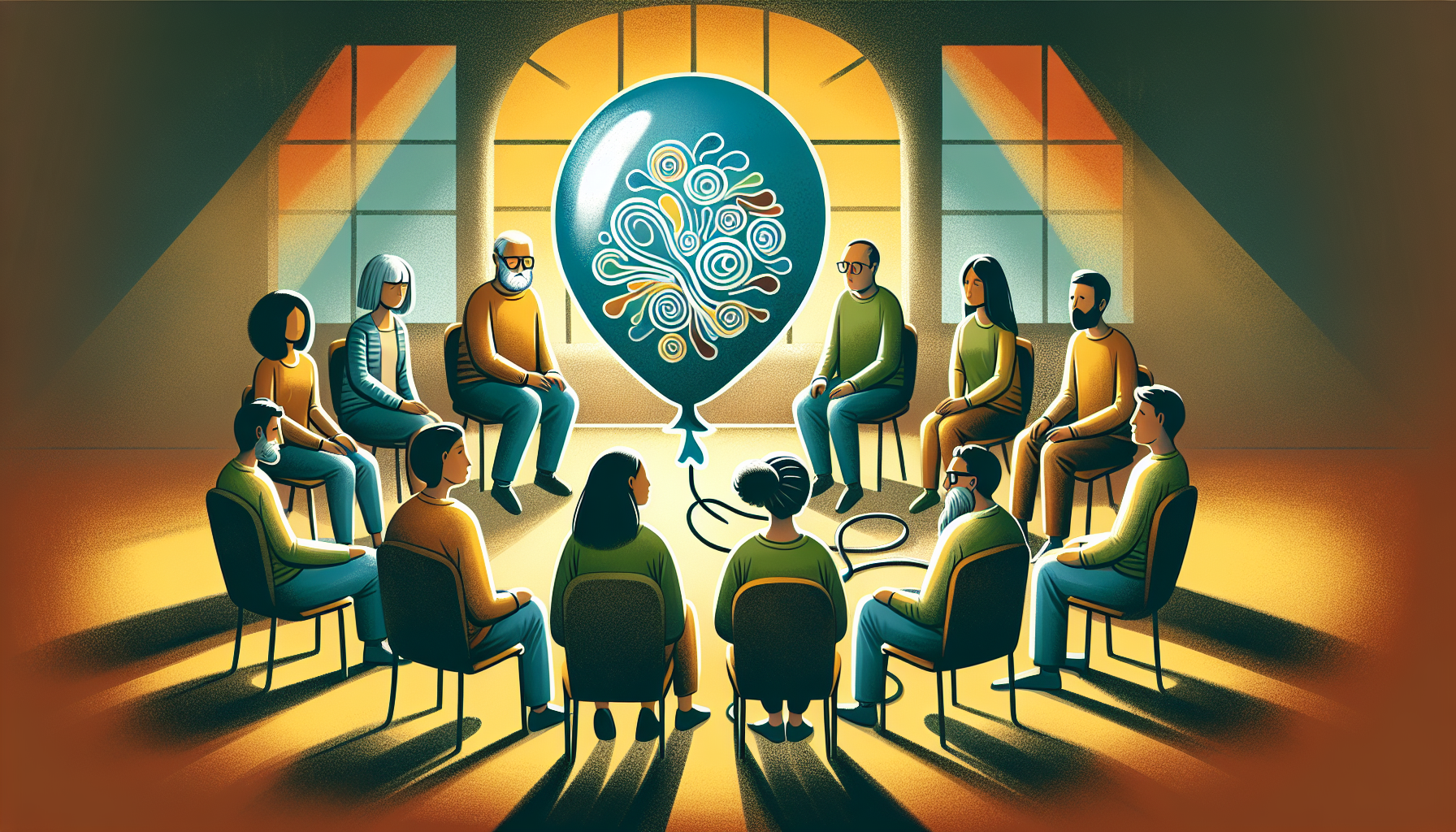Illustration of a support group meeting for addiction treatment