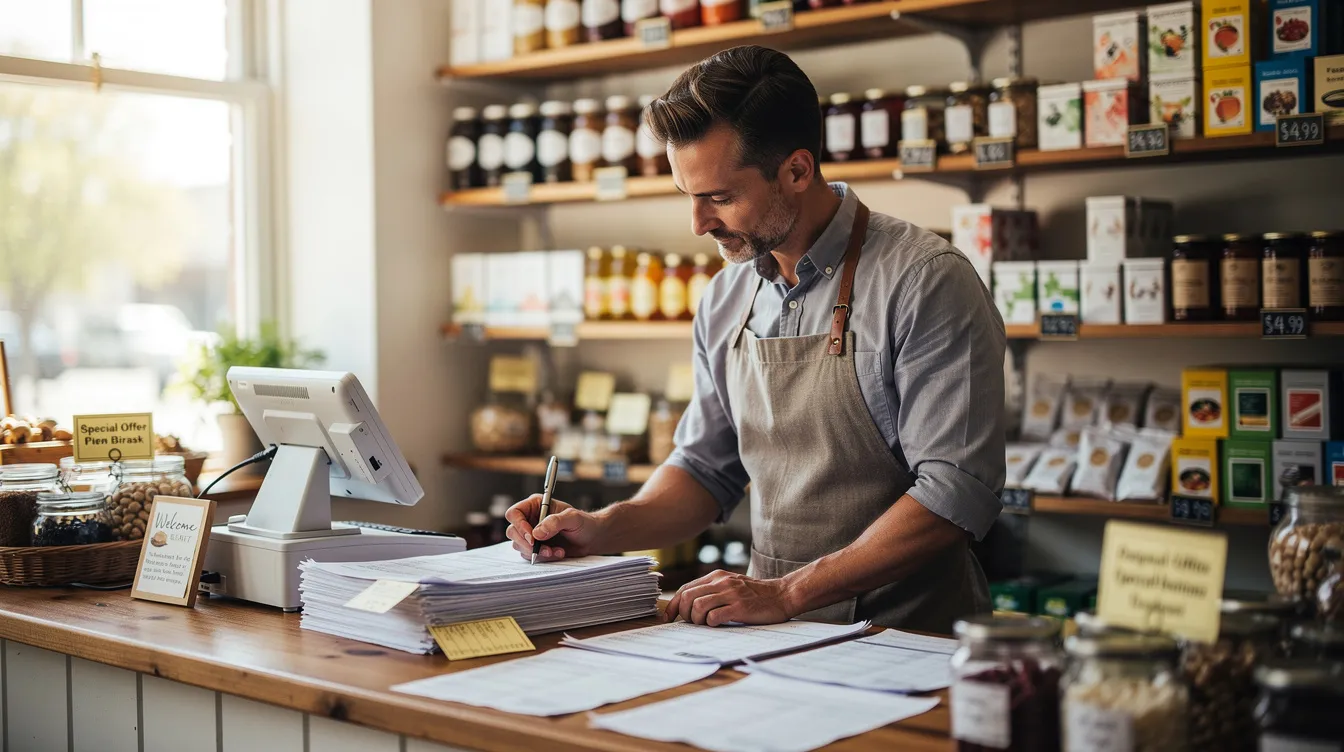 26b2416d 861f 4787 b3b7 b76778975567 A small business owner is intently reviewing financial documents at a shop counter, surrounded by various products displayed on shelves behind them. This scene reflects the importance of business plans and financial projections in securing a mudra loan for their micro enterprise.