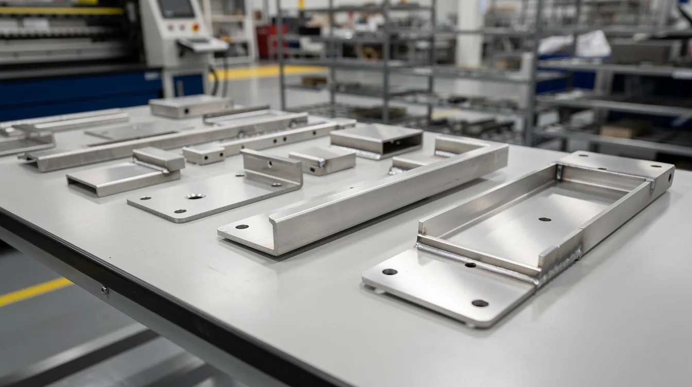 The image shows multiple finished sheet metal parts in various stages of production, neatly arranged on an inspection table. These custom sheet metal parts highlight the sheet metal fabrication process, showcasing different materials and finishes, including corrosion-resistant layers and powder coating.
