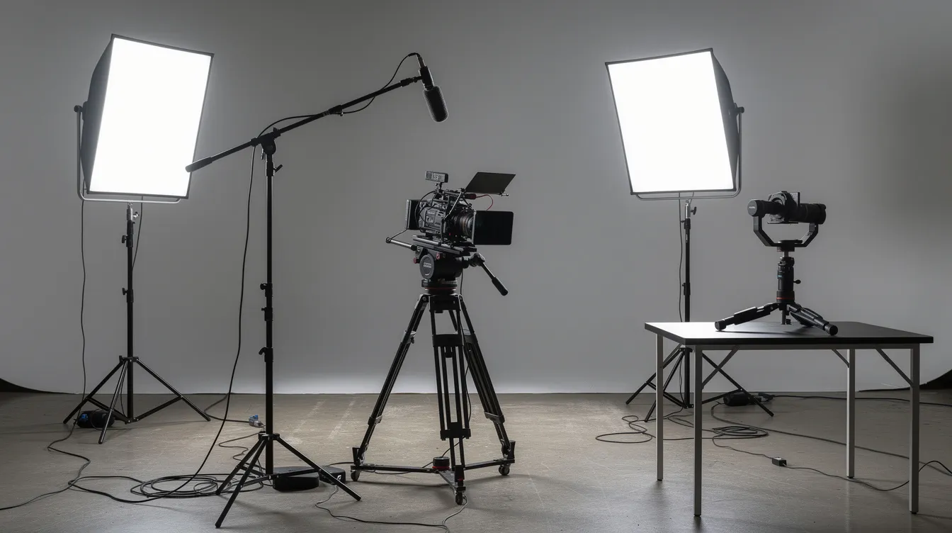 Das Bild zeigt ein vollständig eingerichtetes Filmset mit einer Kamera auf einem Stativ, zwei LED-Leuchten auf Stativen, einem Richtmikrofon sowie einem Gimbal, der auf einem Tisch daneben platziert ist. Diese Ausrüstung ist ideal für professionelle Film- und Videoaufnahmen und stellt eine Auswahl an hochwertigem Kamerazubehör dar.