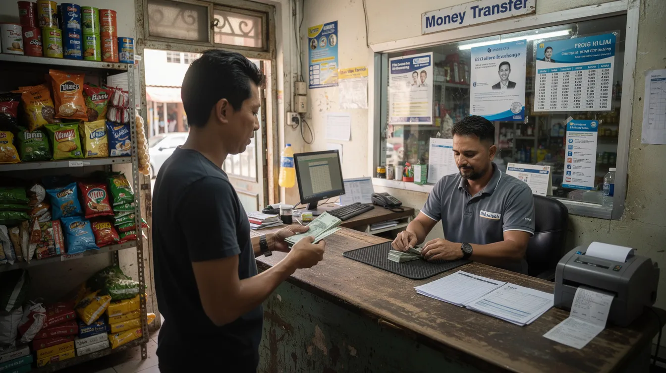 A person is standing at a counter in a small shop, collecting cash from a money transfer agent as part of a cash pickup transfer. This scene highlights the convenience of sending money internationally, showcasing a common payment method for customers utilizing services like Ria money transfer or Remitly.