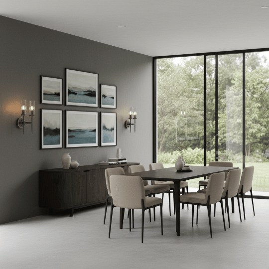 Dining room wall lighting with twin candle-style sconces flanking artwork above a sideboard