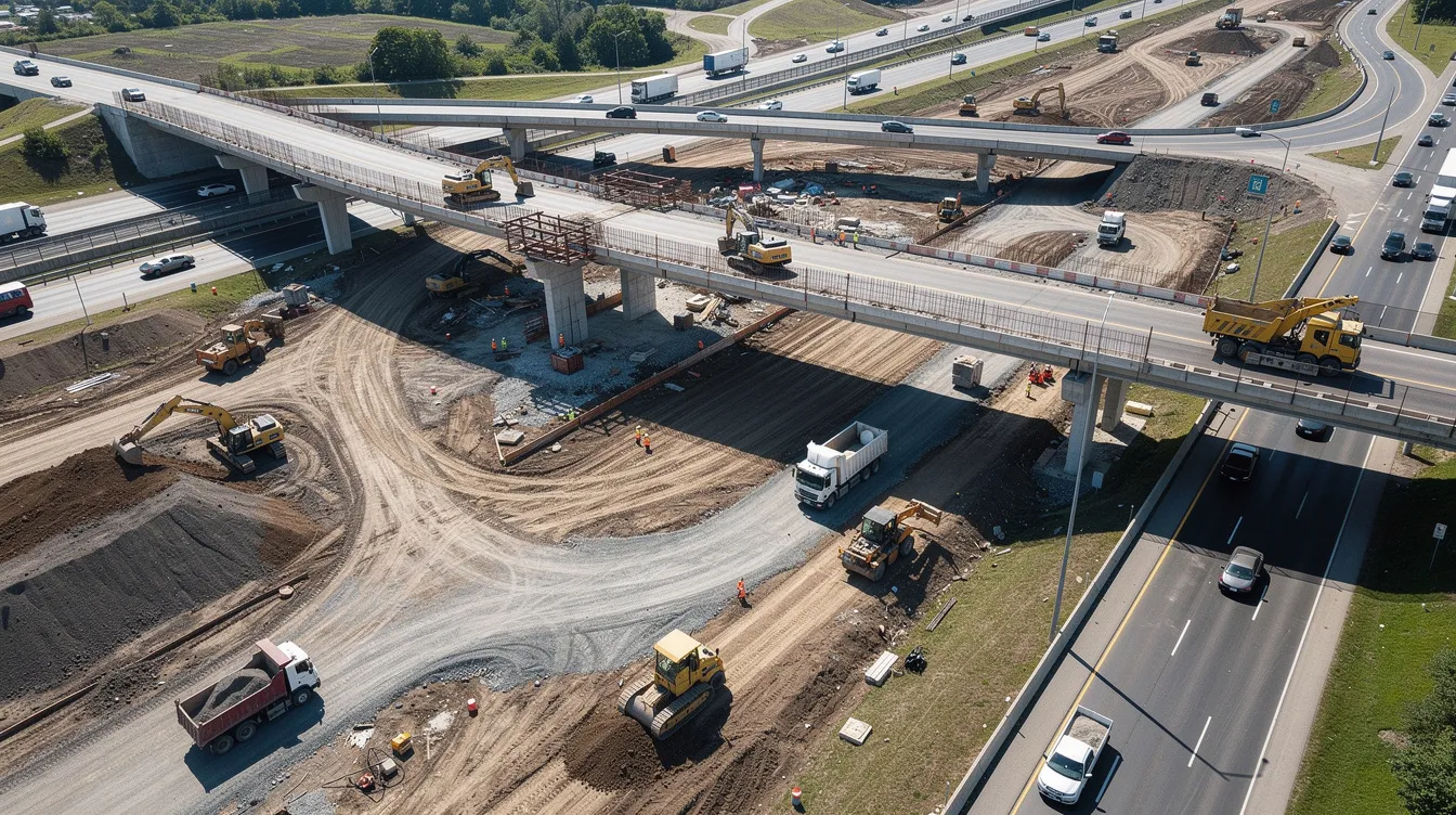 An aerial view captures the ongoing construction of a highway interchange, showcasing heavy equipment and earthwork in progress amidst a complex construction project. This image reflects the current trends in Texas commercial construction costs and highlights the importance of accurate cost forecasting and project management in response to rising expenses and labor shortages.