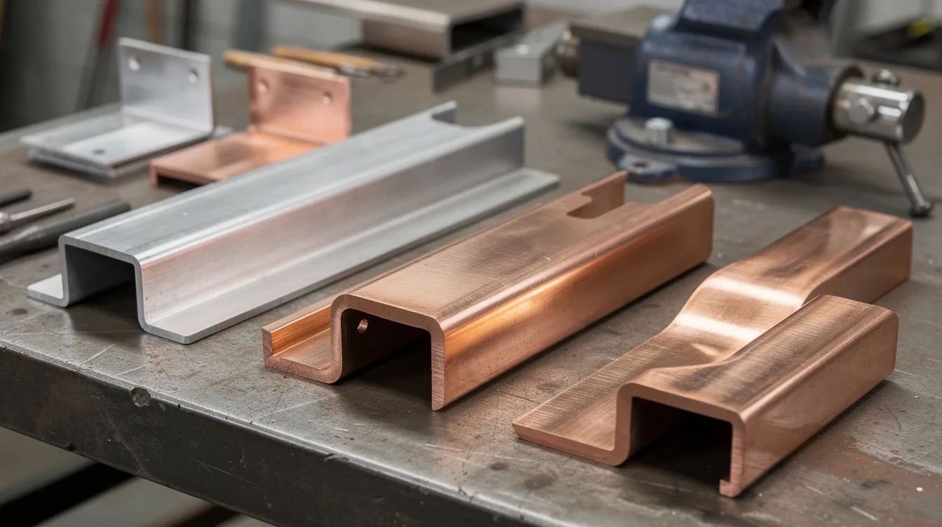 The image depicts various bent sheet metal parts made from aluminum, stainless steel, and copper, meticulously arranged on a workbench, showcasing different bend angles and shapes achieved through metal bending techniques. The parts illustrate the results of the bending process, highlighting the precision and versatility of metal fabrication methods used by manufacturing engineers.