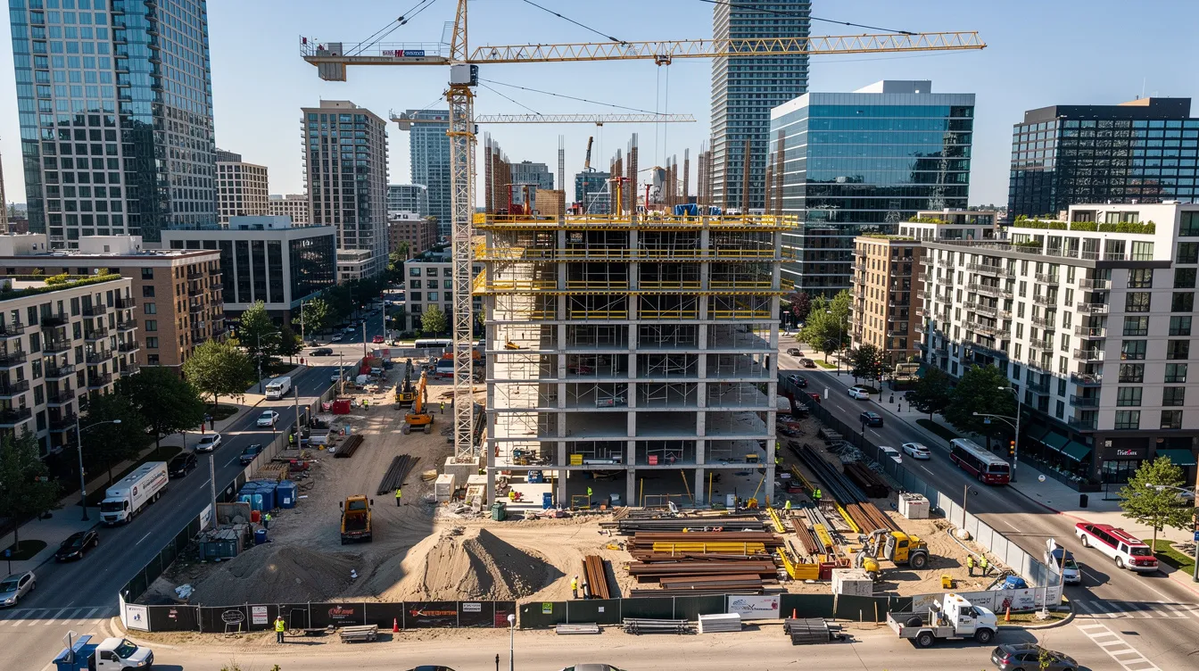 An aerial view of a hotel construction site showcases the ongoing development amidst a bustling cityscape, highlighting the potential for growth in the hospitality industry. The image reflects the investment in hotel business, emphasizing the importance of business loans and proper documentation for successful loan approval.