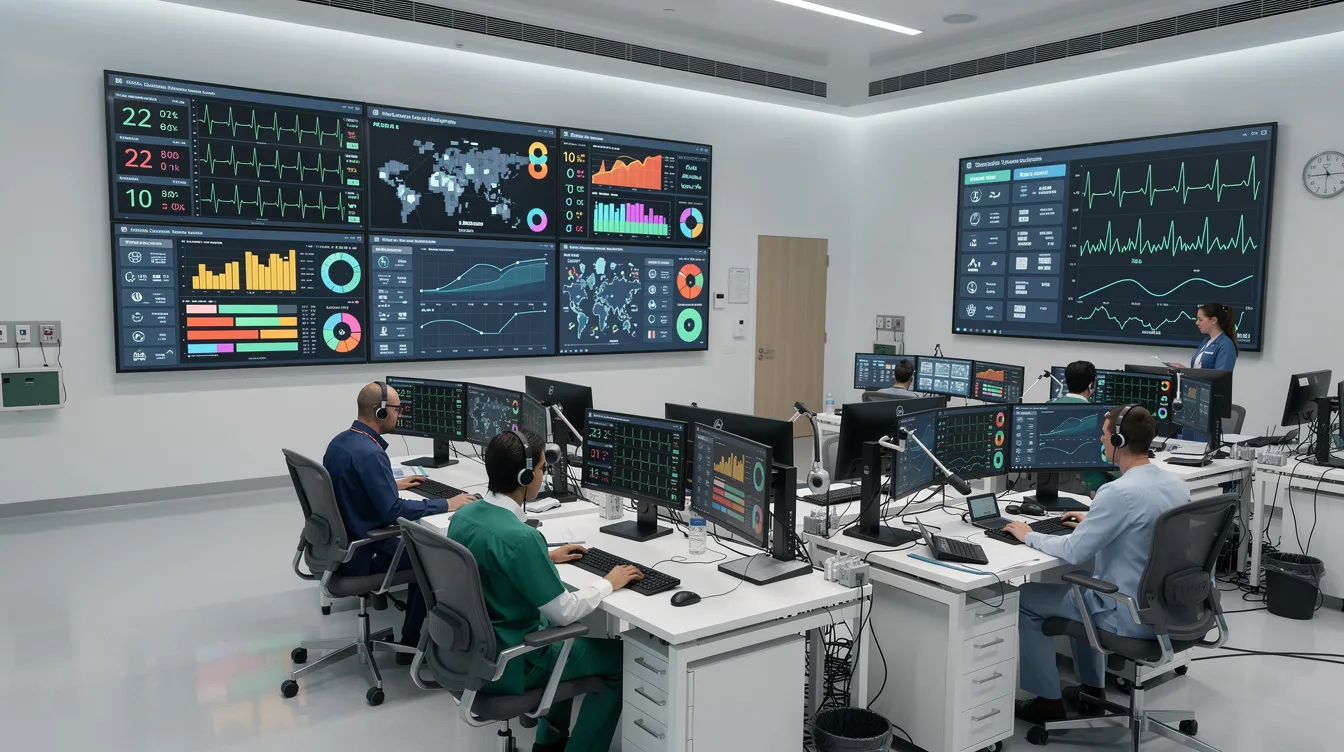 The image depicts a modern hospital control room featuring large digital monitoring screens displaying data visualizations related to healthcare services and patient billing. This high-tech environment emphasizes the importance of effective revenue cycle management, showcasing key performance indicators and real-time analytics crucial for healthcare providers and organizations.