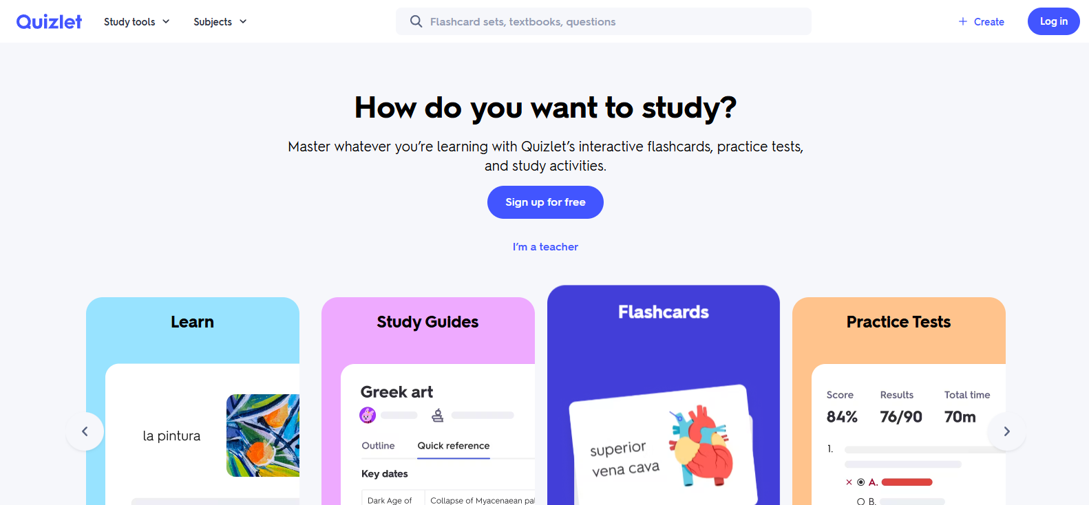 Quizlet homepage showcasing an interactive learning platform with digital flashcards, practice tests, study guides, and formative learning tools for students.