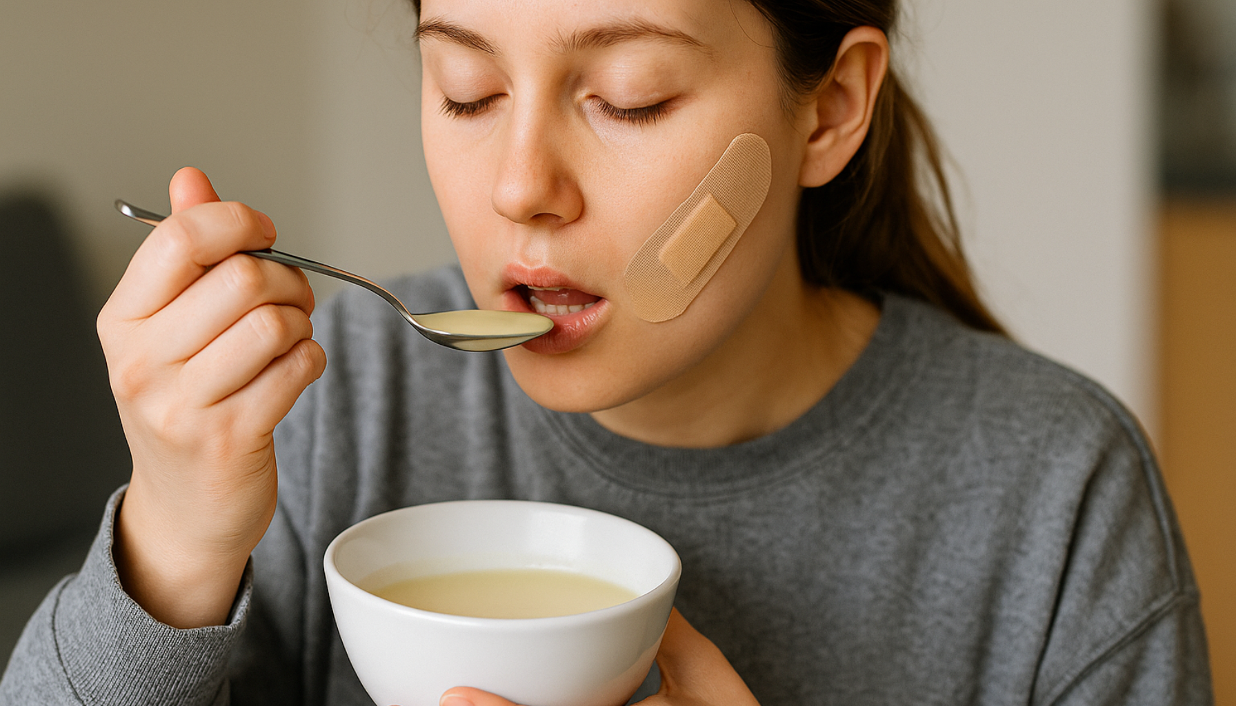 Ung kvinne med plaster på kinnet spiser suppe etter fjerning av visdomstann, som viser trygg og skånsom matinntak.