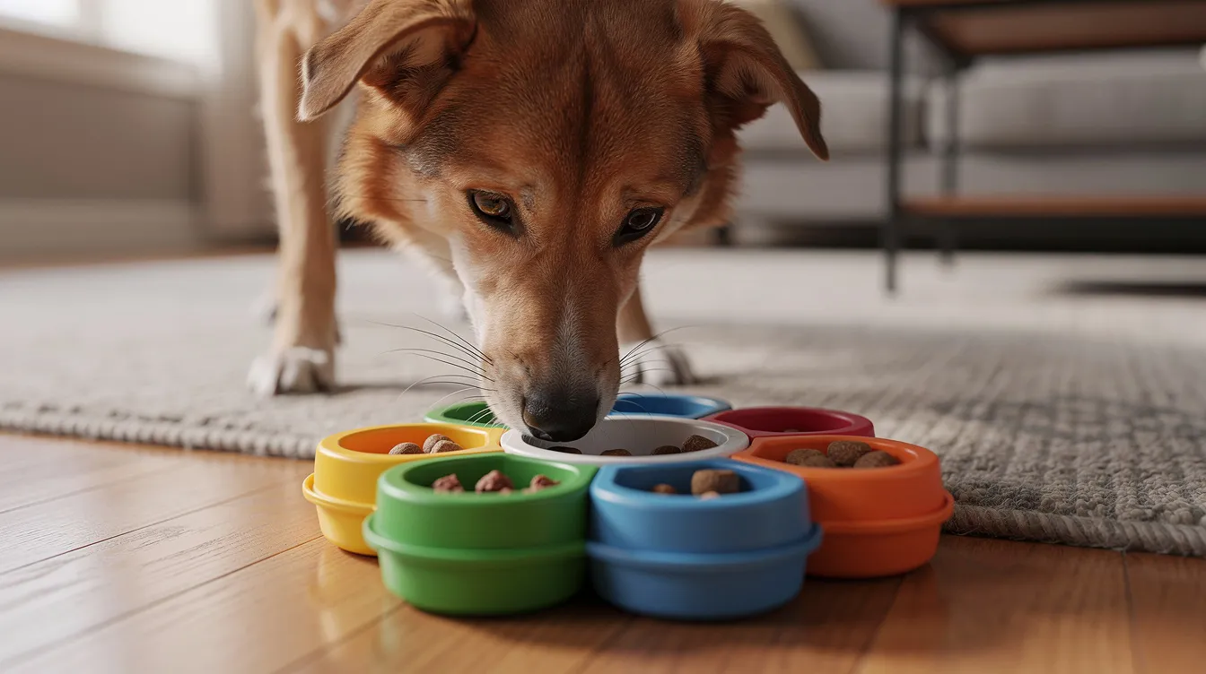 A curious dog is sniffing a colorful puzzle toy filled with treats on the living room floor, showcasing its playful behavior and eagerness to explore new tricks. This moment highlights how a good game can positively affect a pup's mood and energy levels, making it an essential part of their day.