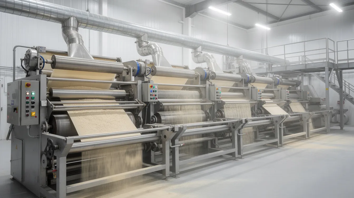 The image depicts an industrial automatic flour mill featuring advanced machinery with rollers and sieves, designed for efficient processing of grains like wheat and rice. This modern atta chakki plant showcases the latest technology in flour production, highlighting its capacity for high-quality output in a factory setting.