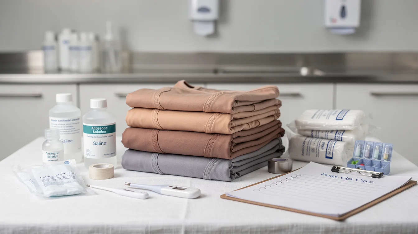 The image depicts a serene surgical preparation area featuring neatly folded compression garments and various recovery supplies, essential for patients undergoing procedures like a Brazilian butt lift. This environment reflects a professional setting where board certified plastic surgeons prepare for butt lift surgery, ensuring a smooth recovery process for optimal results.