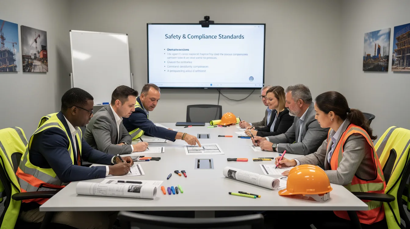 A diverse group of construction professionals is gathered in a training room, collaboratively reviewing compliance documents related to prevailing wage laws and DIR filing requirements for public works projects. They are focusing on key responsibilities, including the submission of certified payroll records and understanding registration processes to ensure compliance and avoid penalties.