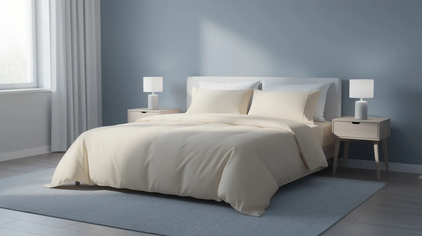 The image features light bamboo bedding neatly arranged on a bed in a cool-toned bedroom, emphasizing a serene sleep environment ideal for hot sleepers. The breathable fabric of the bamboo sheets promises temperature regulation and comfort, enhancing sleep quality for those seeking restful nights.