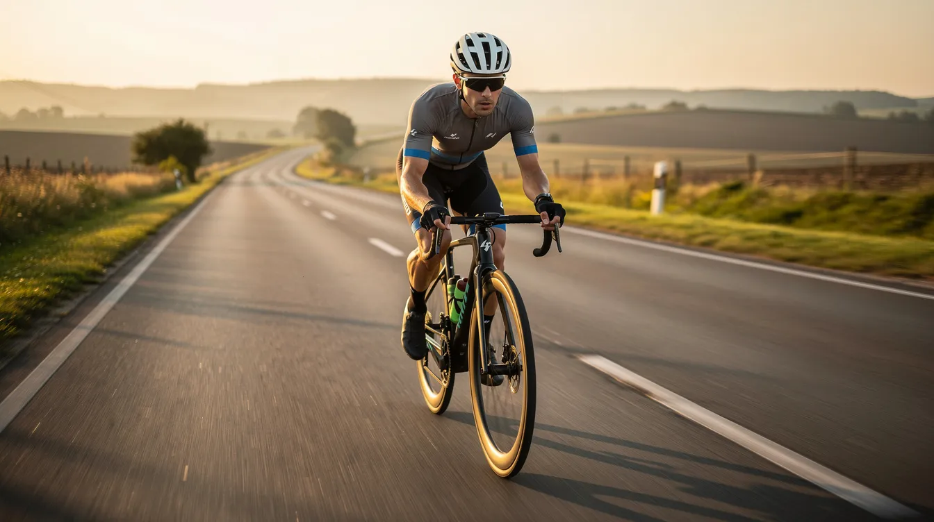A cyclist on a road bike is captured in motion during a long training ride, showcasing the dedication to exercise that contributes to healthy aging and improved health status. This scene emphasizes the importance of physical activity in combating age-related conditions and the potential benefits of cycling supplements for recovery and performance.