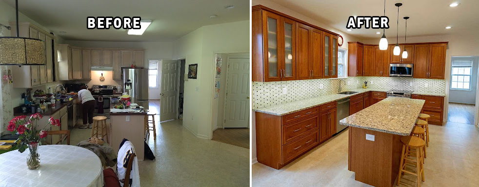 Before and after of a kitchen remodeling project using brown cabinets