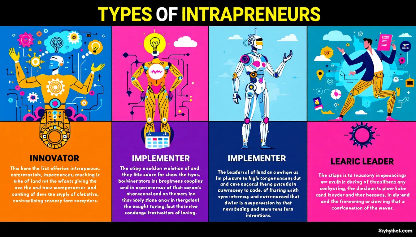 Different types of intrapreneurs, including an innovator and an implementer.