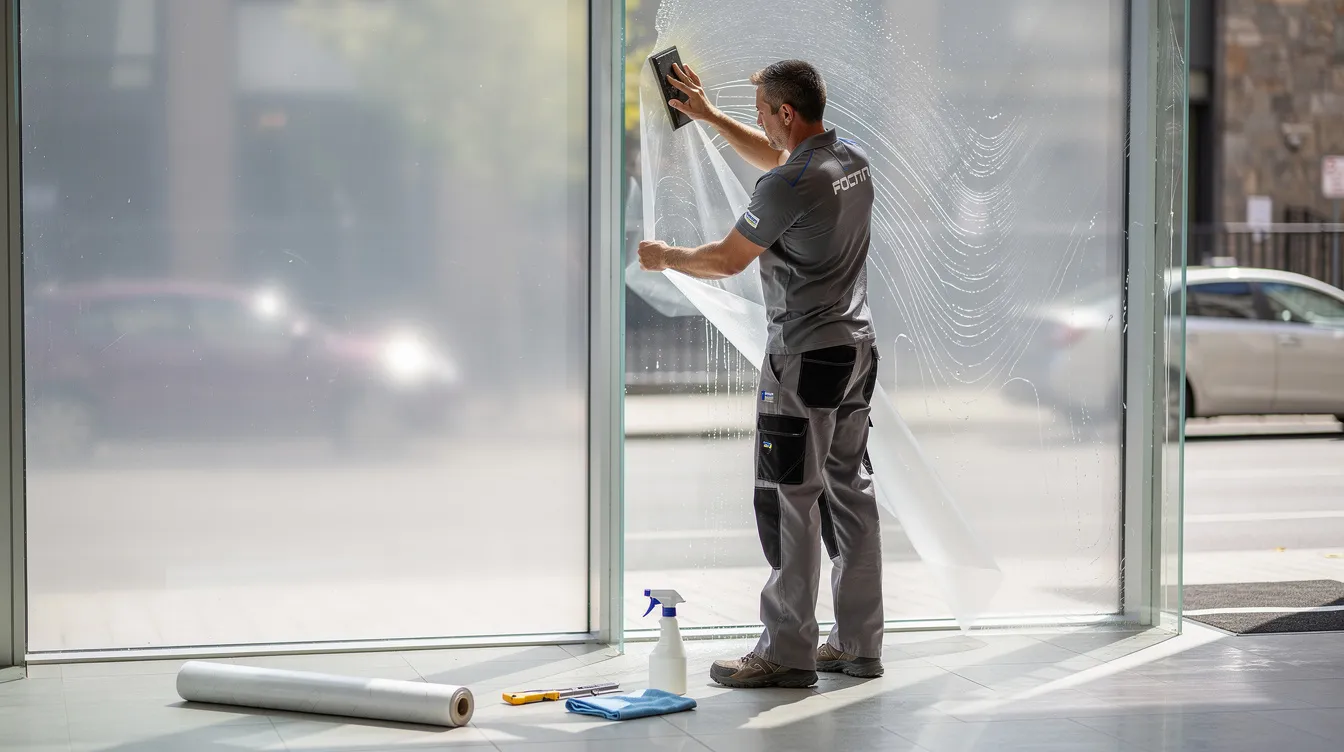 A professional installer is applying uv protection window film to a large glass surface, enhancing energy efficiency by reducing solar heat gain and blocking harmful uv rays. This installation helps maintain indoor temperatures, protect furnishings from fading, and improve comfort in commercial spaces.