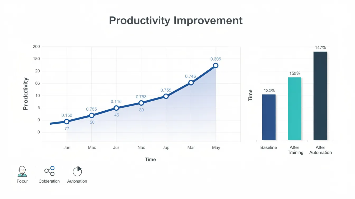The image depicts a productivity improvement chart illustrating the cost-benefit analysis of an ergonomic program, highlighting estimated benefits, injury savings, and the payback period for the initial investment. It emphasizes the importance of ergonomic interventions in reducing workers' compensation costs and preventing injuries, thereby increasing overall productivity and safety in the workplace.