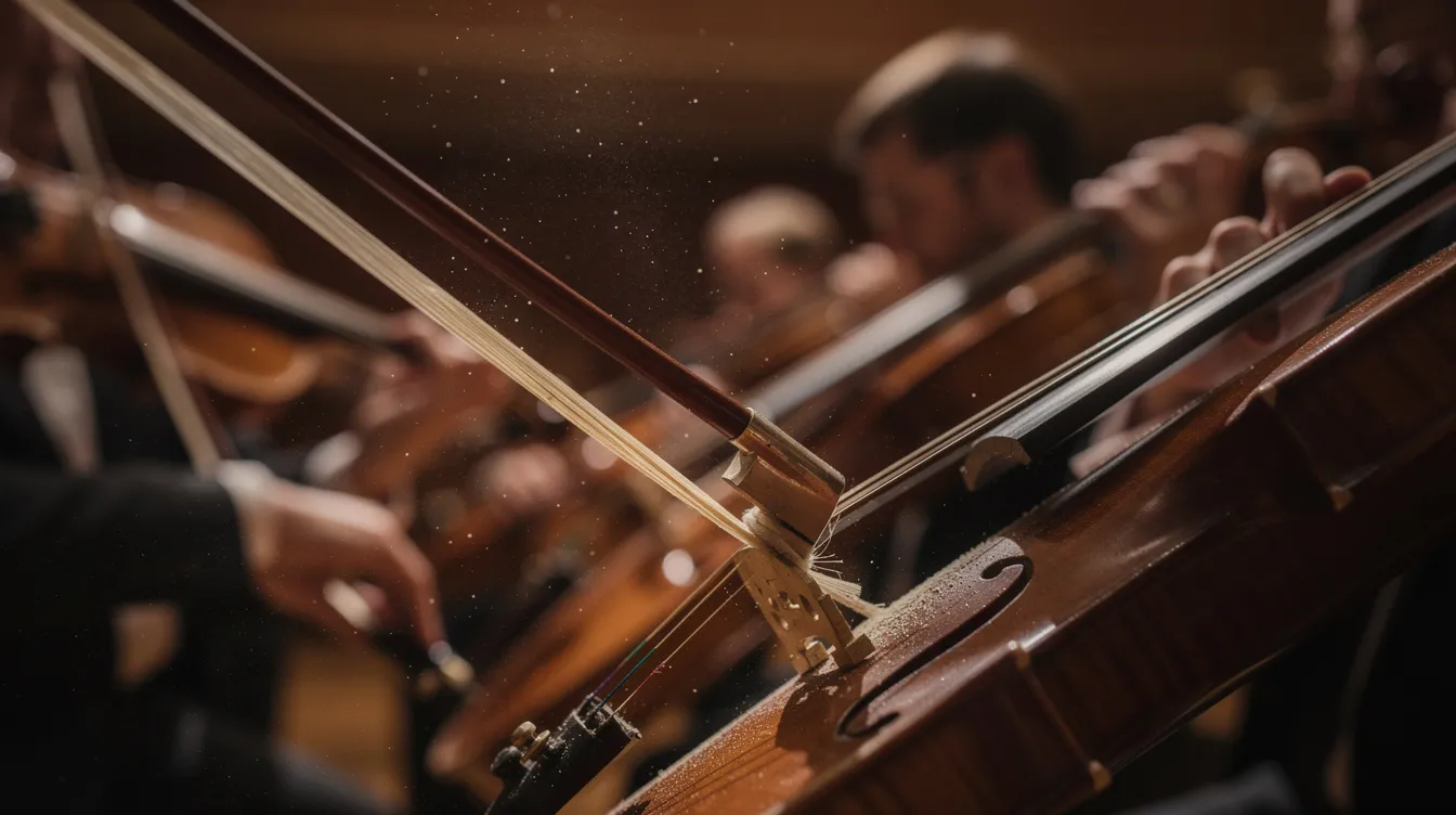 Nahaufnahme von Geigenbögen, die über Saiten während einer Orchesterprobe streichen, beleuchtet von dramatischem Seitenlicht. Die Szene vermittelt eine intensive musikalische Atmosphäre, die die Kunst der Musiker und die Bedeutung der Musik in der Kultur hervorhebt.