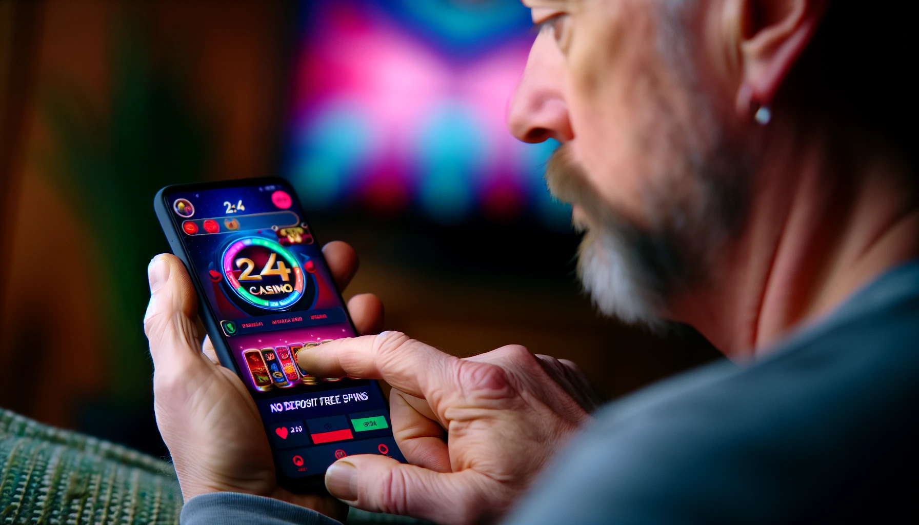 Foto einer Person, die Freispiele ohne Einzahlung auf einem mobilen Gerät bei 24 Casino beansprucht