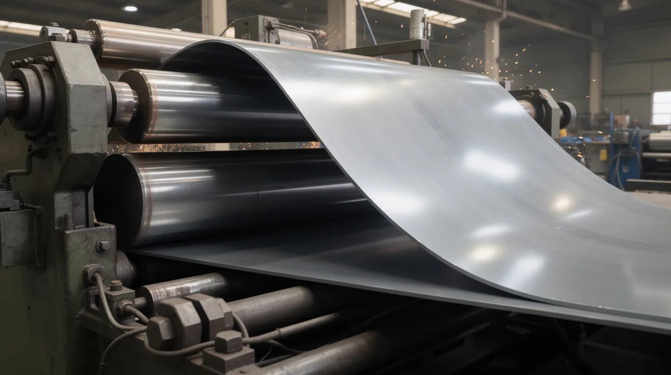 The image shows a steel sheet in the process of being shaped by a three-roll bending machine, creating a large curved panel with a uniform wall thickness. This bending process utilizes air bending techniques to achieve the desired bend angle and radius, illustrating the complex geometries achievable in sheet metal design.
