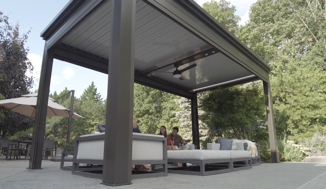 Outdoor space with outdoor living room on concrete patio and outdoor furniture and coffee tables