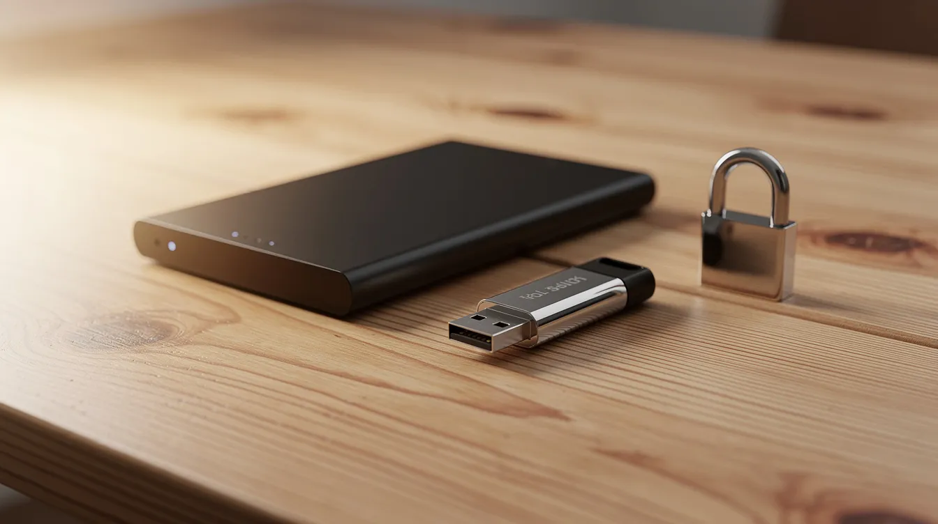 Auf einem Holztisch liegen eine externe Festplatte und ein USB-Stick, daneben befindet sich ein kleines Schloss. Diese Anordnung symbolisiert den Schutz von Daten und die Möglichkeit, Dateien und Ordner mit einem Passwort zu sichern.