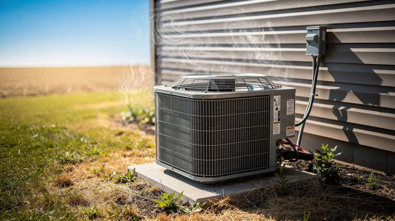 The image shows an outdoor air conditioning unit positioned beside a house on a hot sunny day, with visible heat waves rising from the ground. This scene highlights the importance of a reliable HVAC system for maintaining indoor air quality and comfort during intense heat, especially for New Orleans residents.
