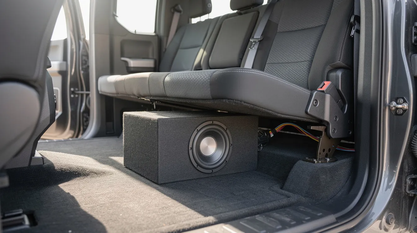 The image depicts the interior of a pickup truck cab featuring a custom box installation for a sundown audio subwoofer under the seat. The setup showcases the heavy-duty cast basket and extended pole piece, designed for high performance and sound quality.