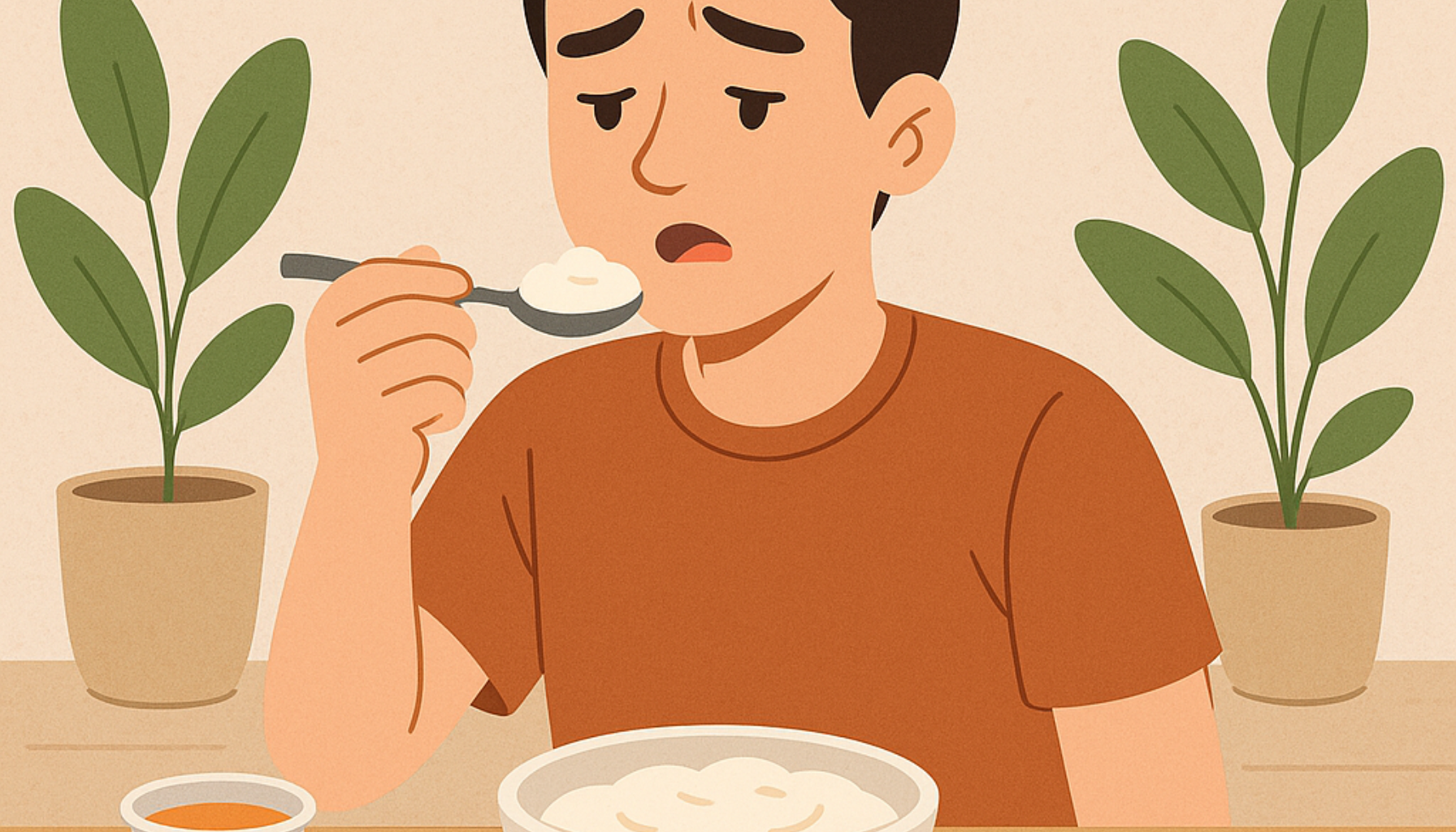 Ung mann spiser myk mat som grøt og eggerøre etter fjerning av visdomstann, med fokus på trygg og komfortabel heling.