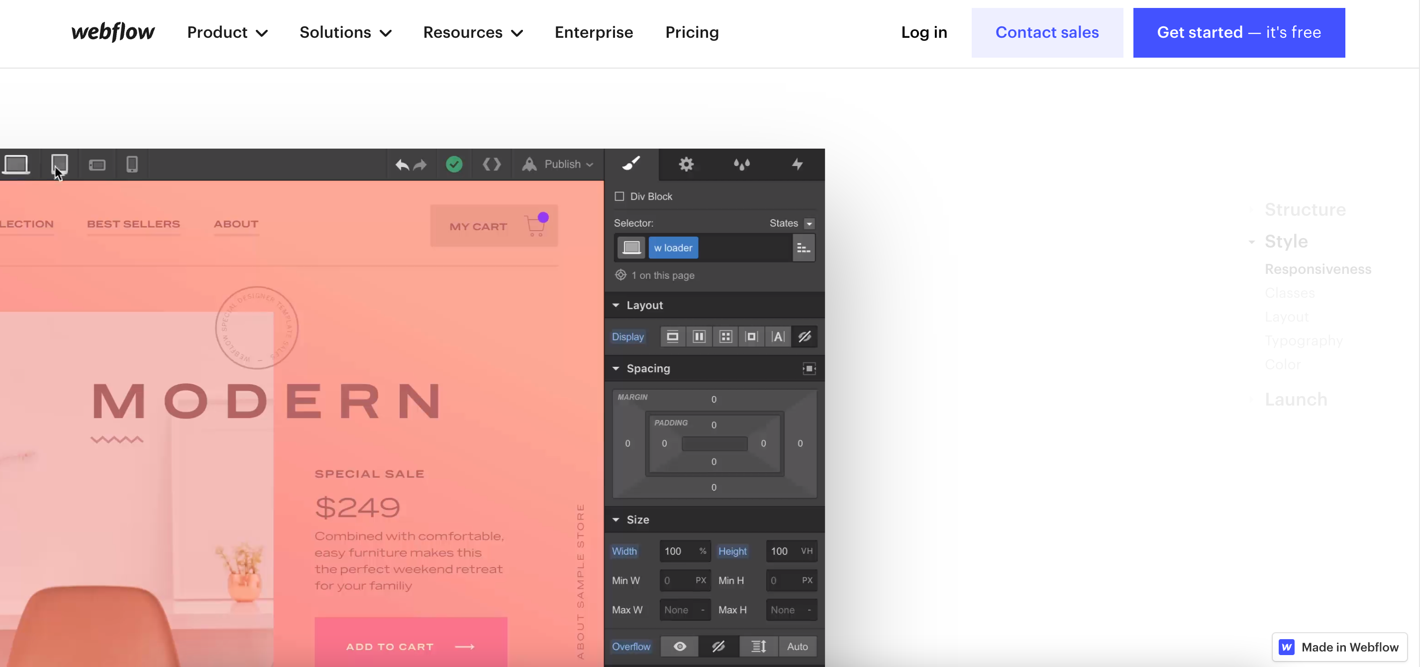 Webflow also comes with a visual builder so you can create your web design with a drag and drop editor.