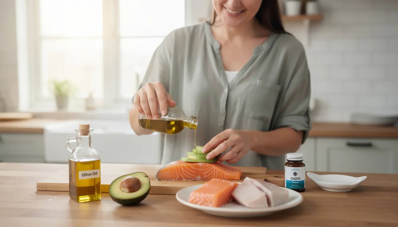 A person is seen preparing a healthy meal that includes olive oil, avocado, and fish, highlighting the significance of dietary fat in enhancing coenzyme Q10 absorption for optimal heart health. This image emphasizes the connection between healthy fats and the body's ability to utilize coq10 effectively.
