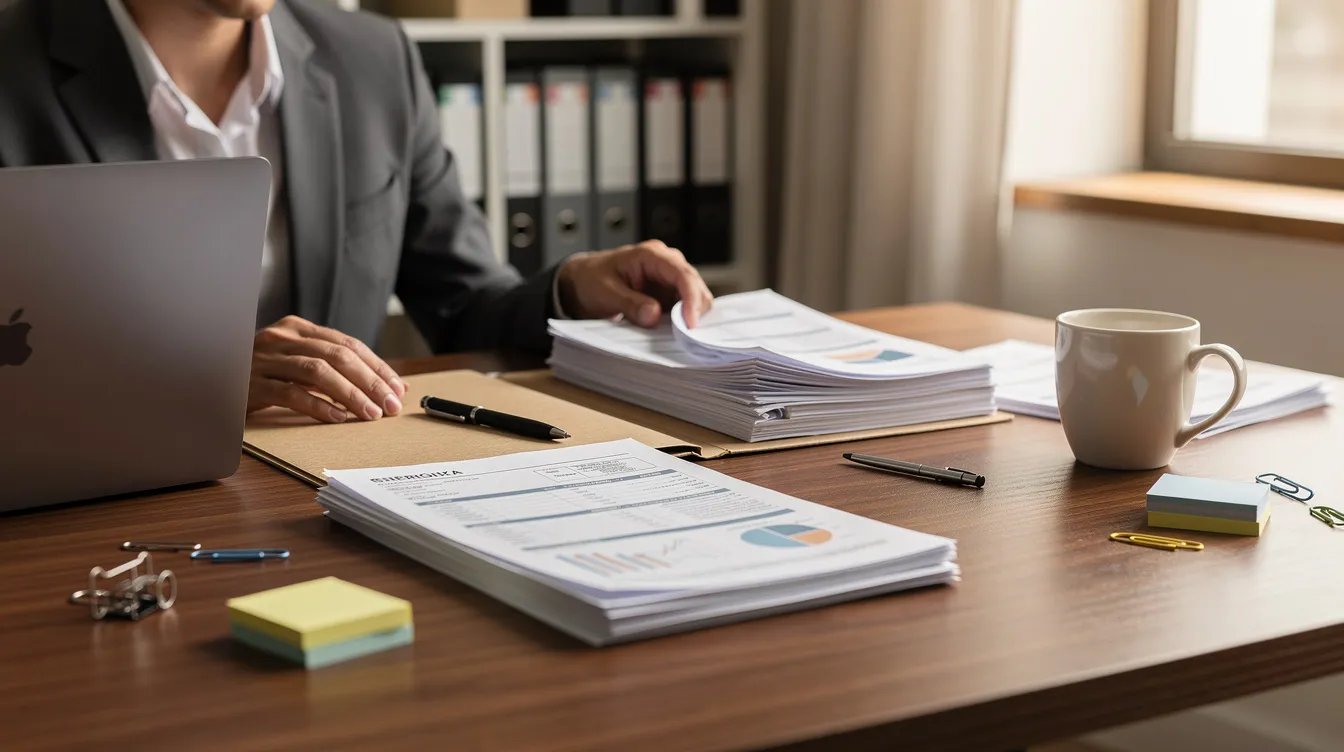 The image depicts a person methodically organizing various official paper documents, such as a bank statement, utility bill, and tenancy agreement, on a wooden desk. This scene reflects the process of preparing essential documents for address verification and identity confirmation, which may include proof of their current residential address.