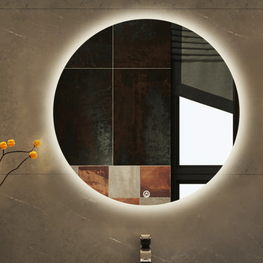 Round backlit mirror with soft LED lighting mounted on a modern bathroom wall, creating a warm and stylish entryway lighting accent.