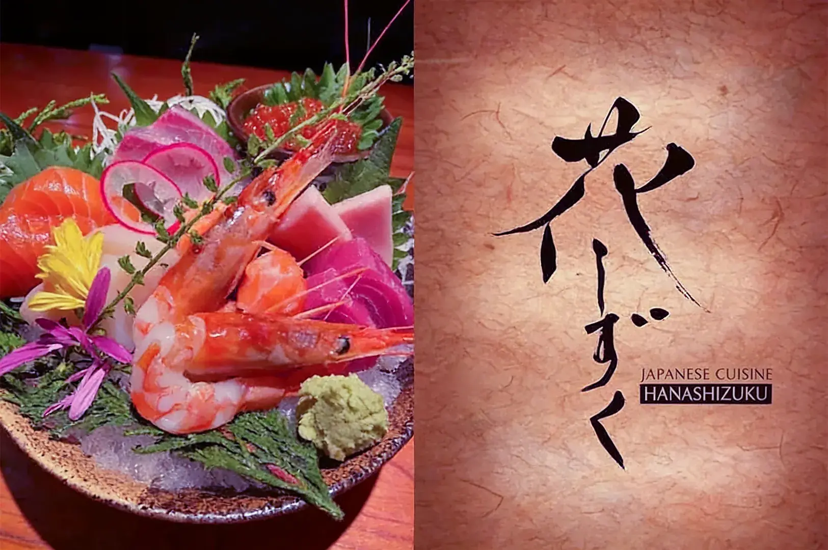 A colorful platter of assorted sashimi with shrimp, salmon, radish, and flowers on a wooden table. Text on the right reads "Japanese Cuisine Hanashizuku."