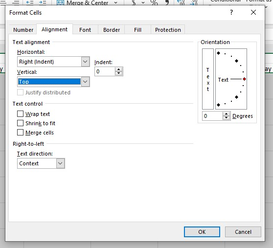 Click the Alignment tab in the Format Cells box; in the Horizontal drop-down box, choose Right (Indent). Then, choose Top in the Vertical drop-down box; lastly, click the OK button.